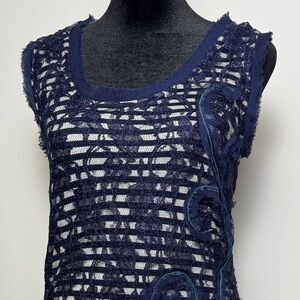 Meadow Rue by Anthropologie Striped Navy and Cream Lace Raw Hem Tank Top Size M